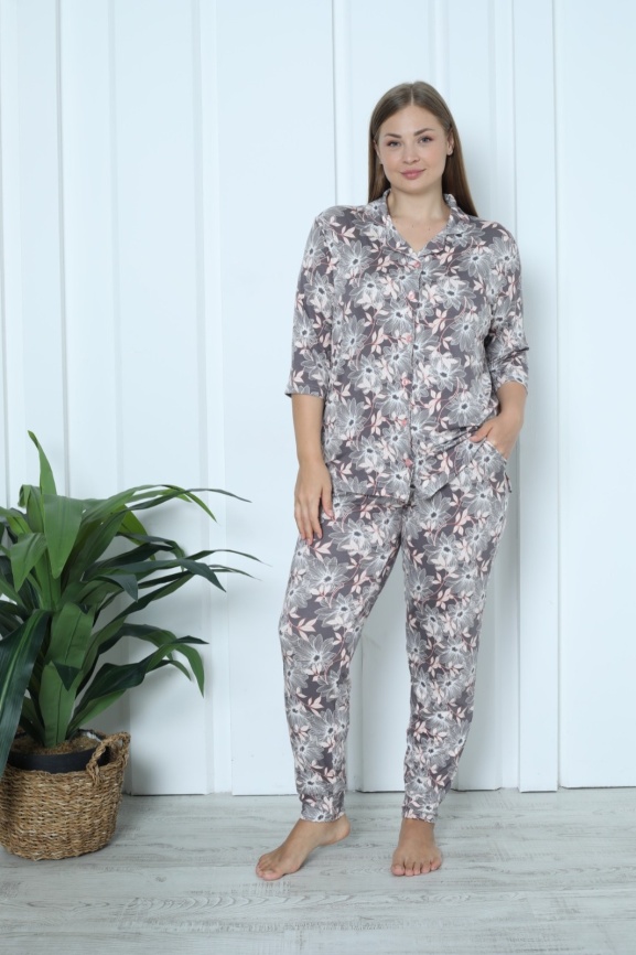Пижама для женщин большой размер (длинный рукав с брюками) 32056 фото 1
